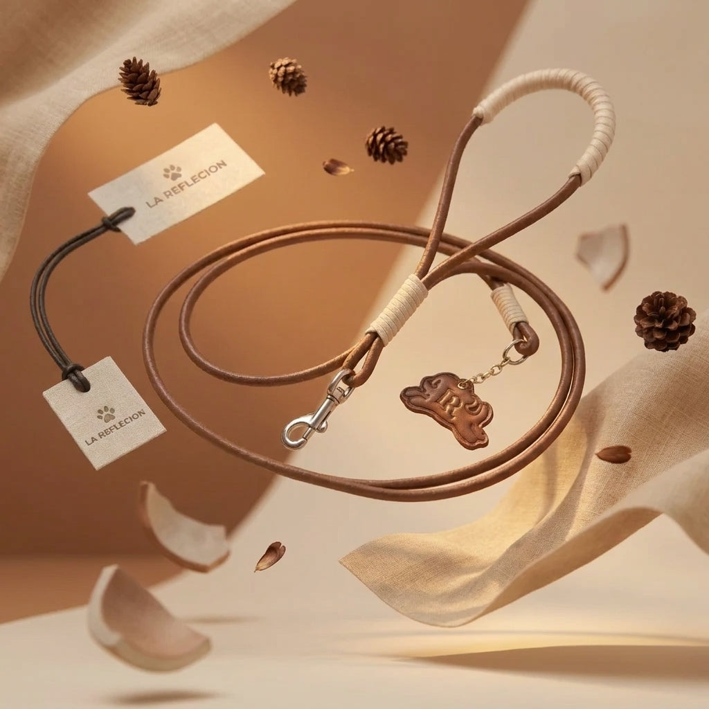 A brown leather dog leash with cream-colored wrapped sections, a silver metal clasp, and a small hanging brown tag, displayed in a styled studio setting with fabric drapes, pinecones, and branded tags reading La Reflecion.