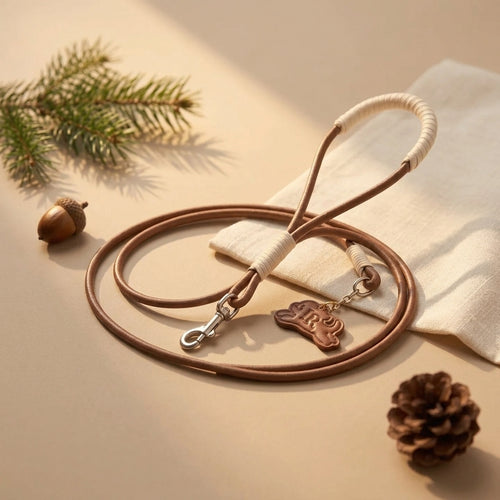 A brown leather dog leash with cream-colored wrapped loops and a small embossed animal-shaped charm, styled on a beige surface with pine branches, an acorn, and a fabric cloth.