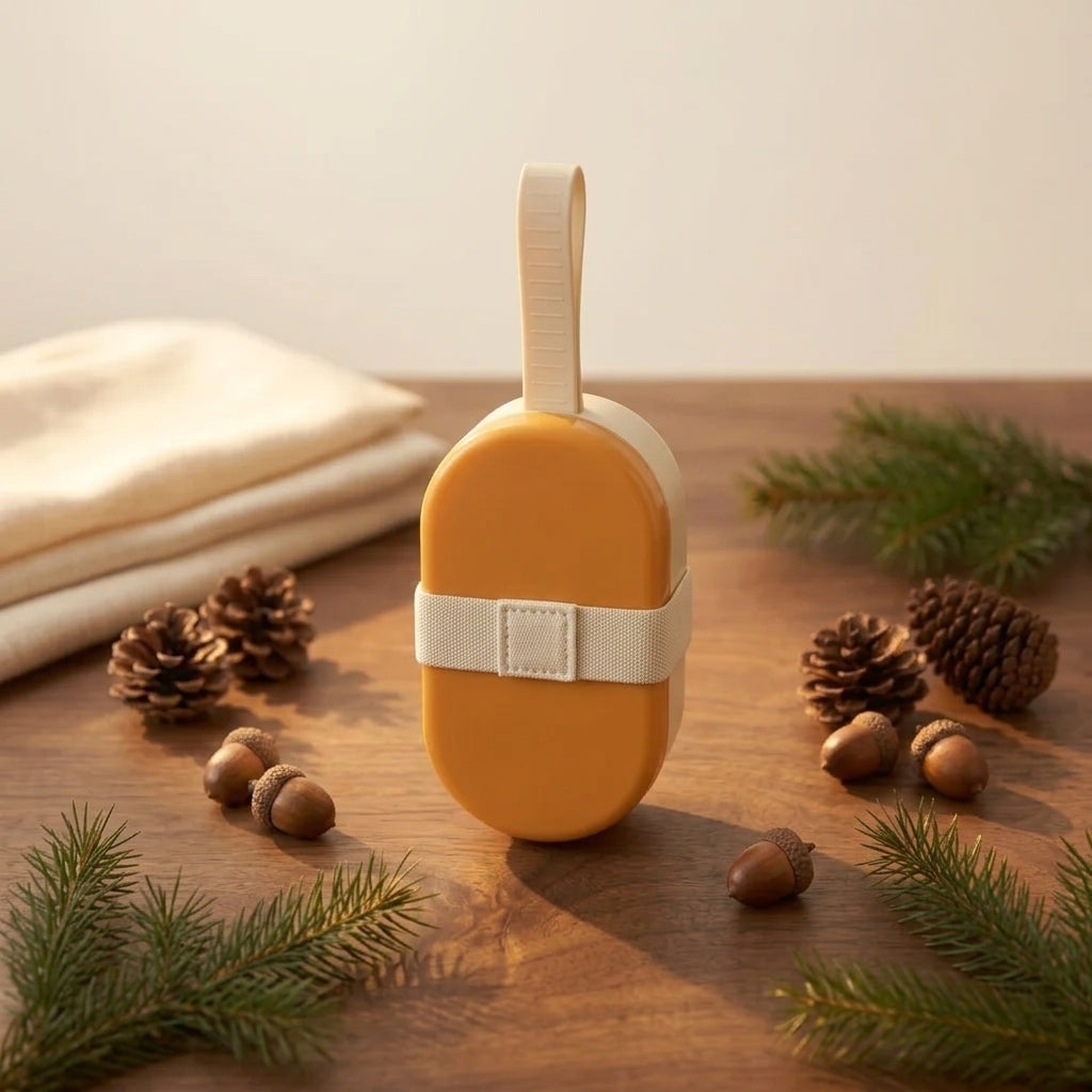 A mustard yellow pet food box  with a cream-colored handle and a matching waist strap, styled on a wooden tabletop with pine branches, pinecones, and acorns.