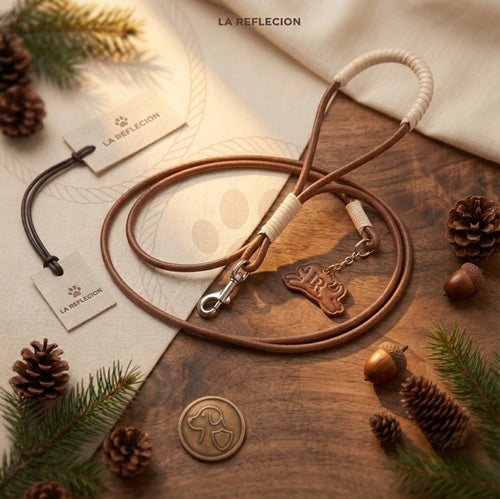 A brown leather dog leash with a small carved wooden dog charm, displayed in a styled flat-lay arrangement with pine branches, pinecones, acorns, and branded tags on a wooden surface.