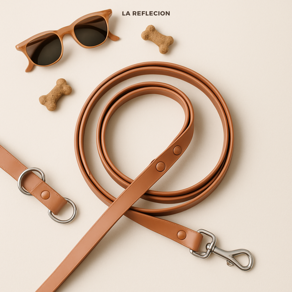 Brown leather dog leash with metal clip on a beige background, accompanied by sunglasses and dog bones.